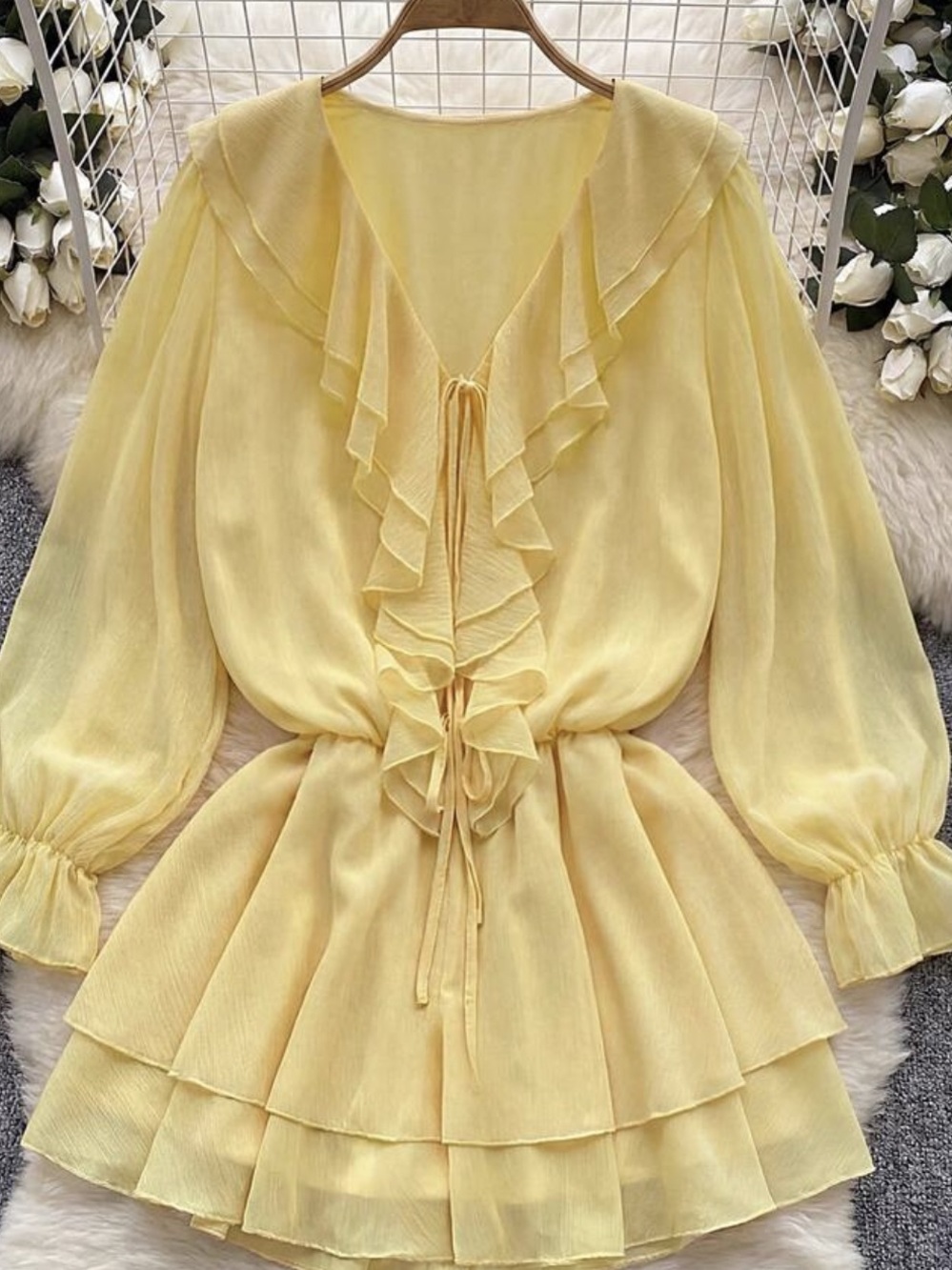Plus Size Yellow Ruffle V-Neck Long Sleeve Women's Dress